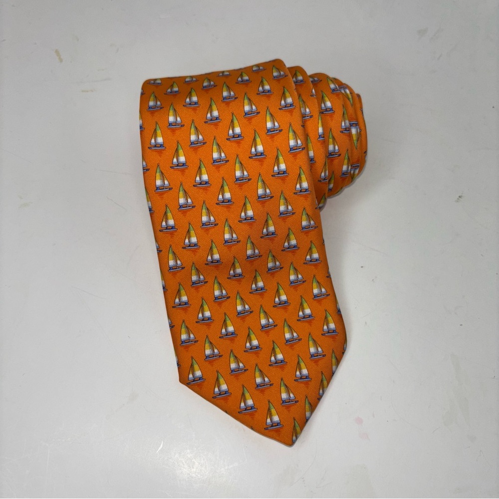 Brooks Brothers Orange Silk Tie with Multicolor Sailboat Motif